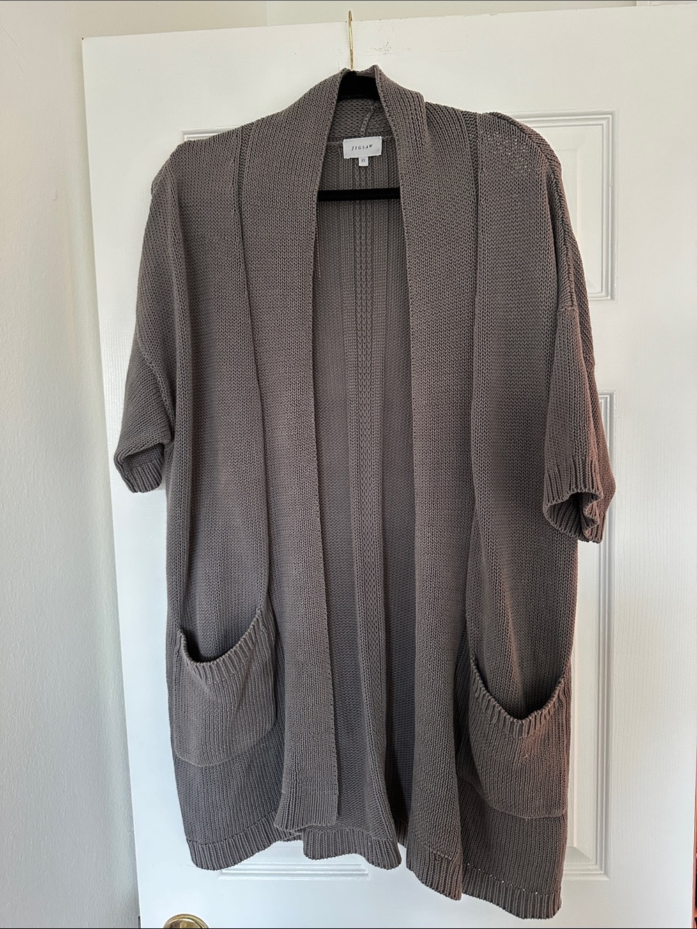 Jigsaw Taupe Short Sleeve Open-Front Knit Cardigan